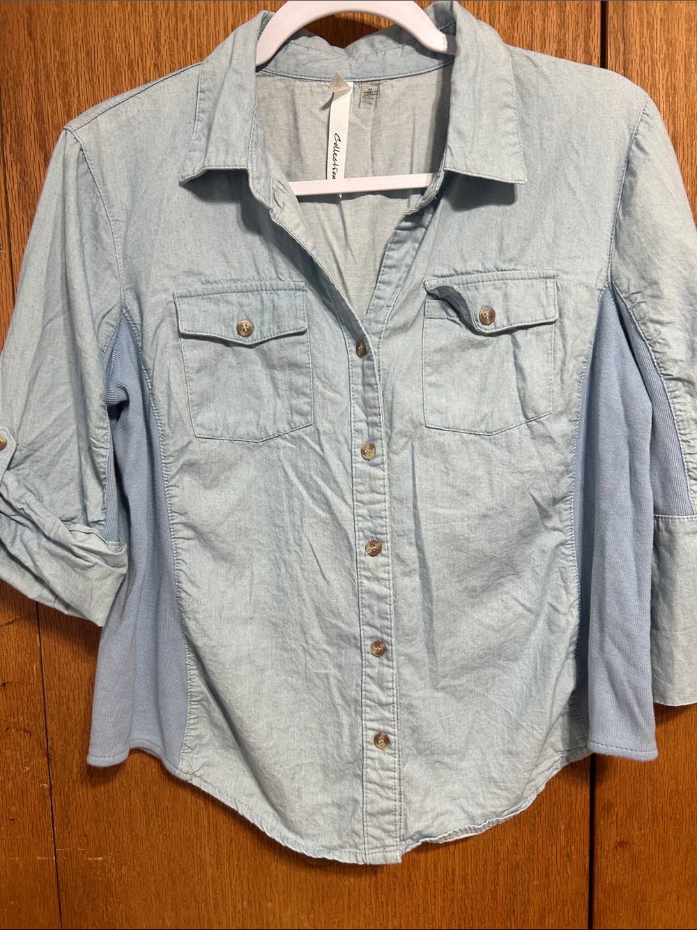 NY Collection Light Blue Chambray Button-Down with Contrast Side Panels